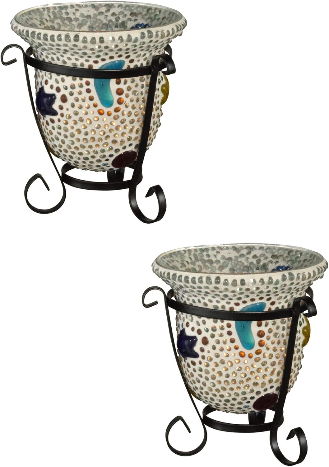 Dale Tiffany Beaded Mosaic Art Glass Candle Votive Set 2-Piece Star Beads