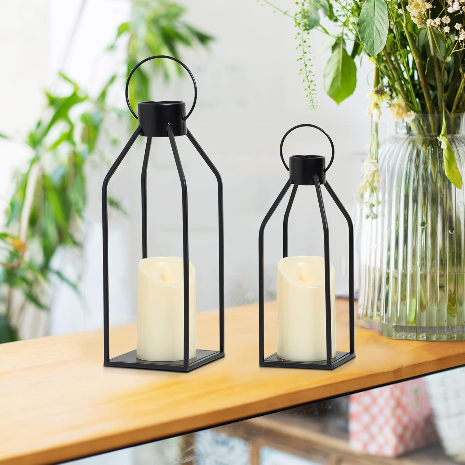 Flickering Black Metal Candle Lantern with Timer Modern Farmhouse Decor