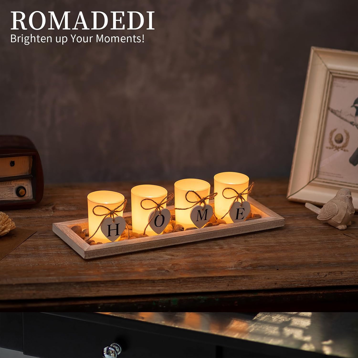 Romadedi Farmhouse Rustic Wood Tray Candle Holder Set