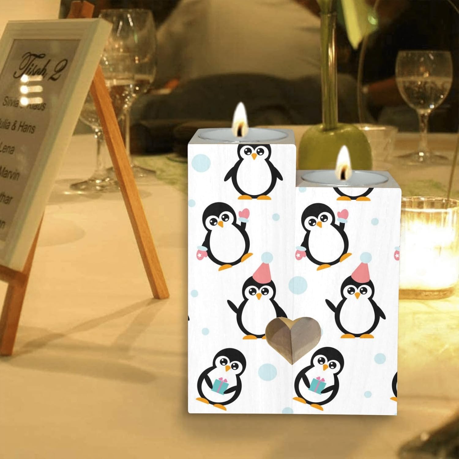 Little Cartoon Penguins Heart Candle Holders