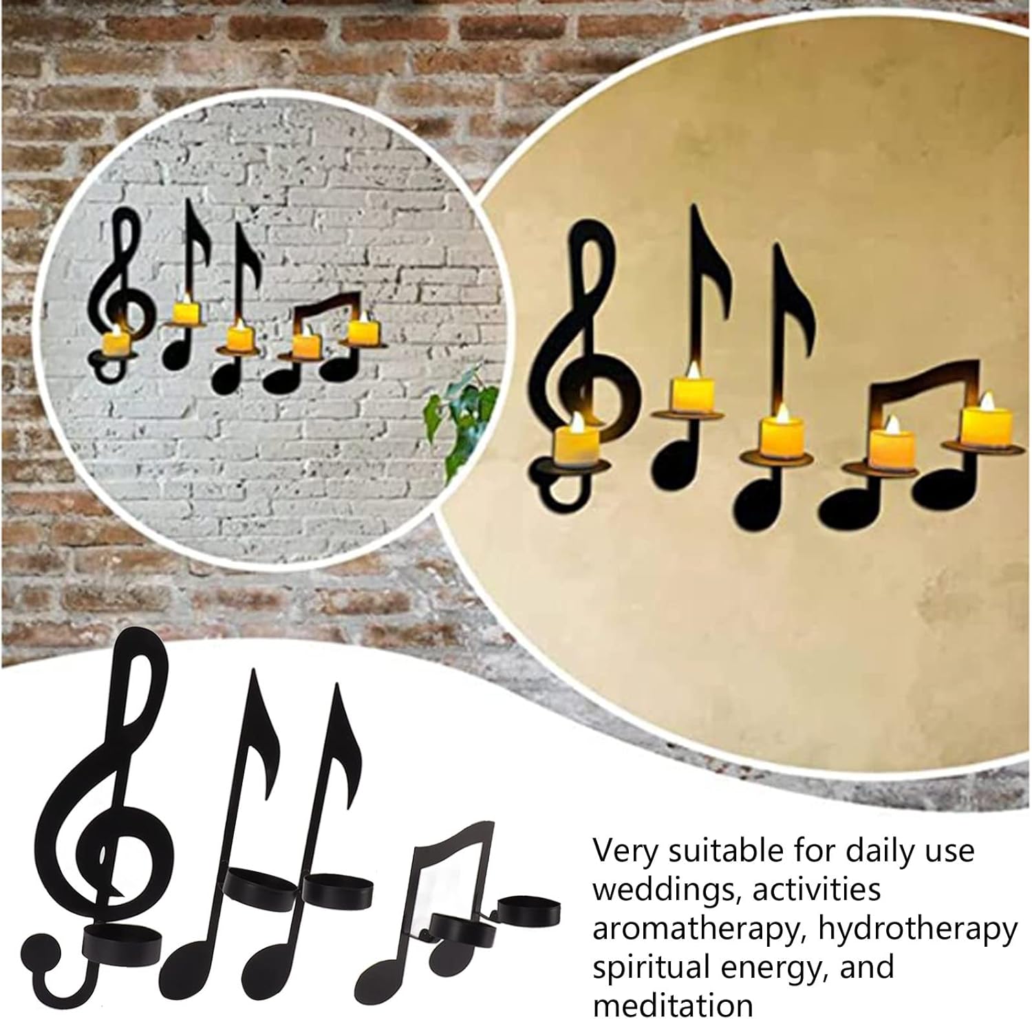 4Pcs Wall Hanging Candle Sconces Black Metal Music Note Candle Holders with Sticker