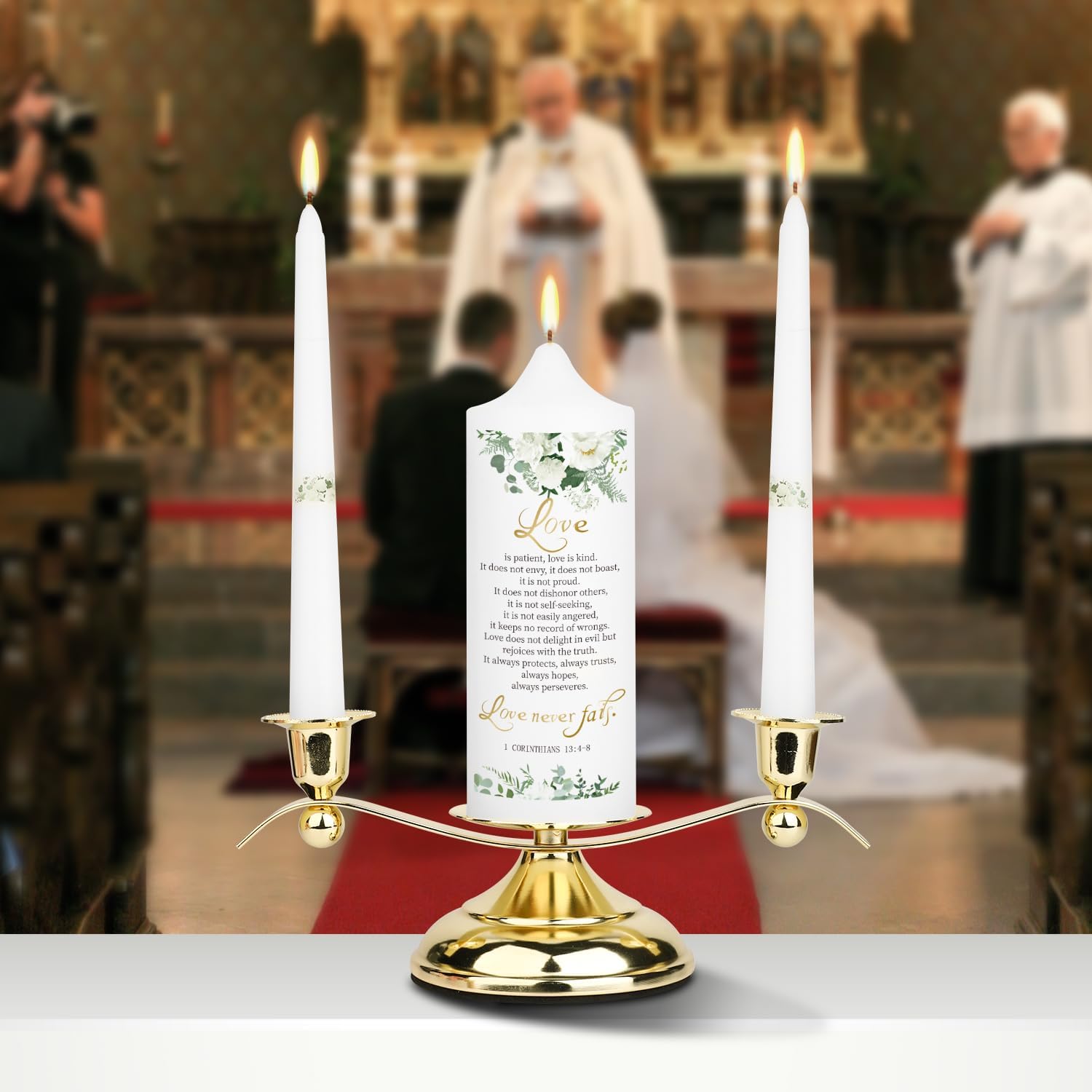 3 ElegantlyDesigned Wedding Candles with Gold Holders