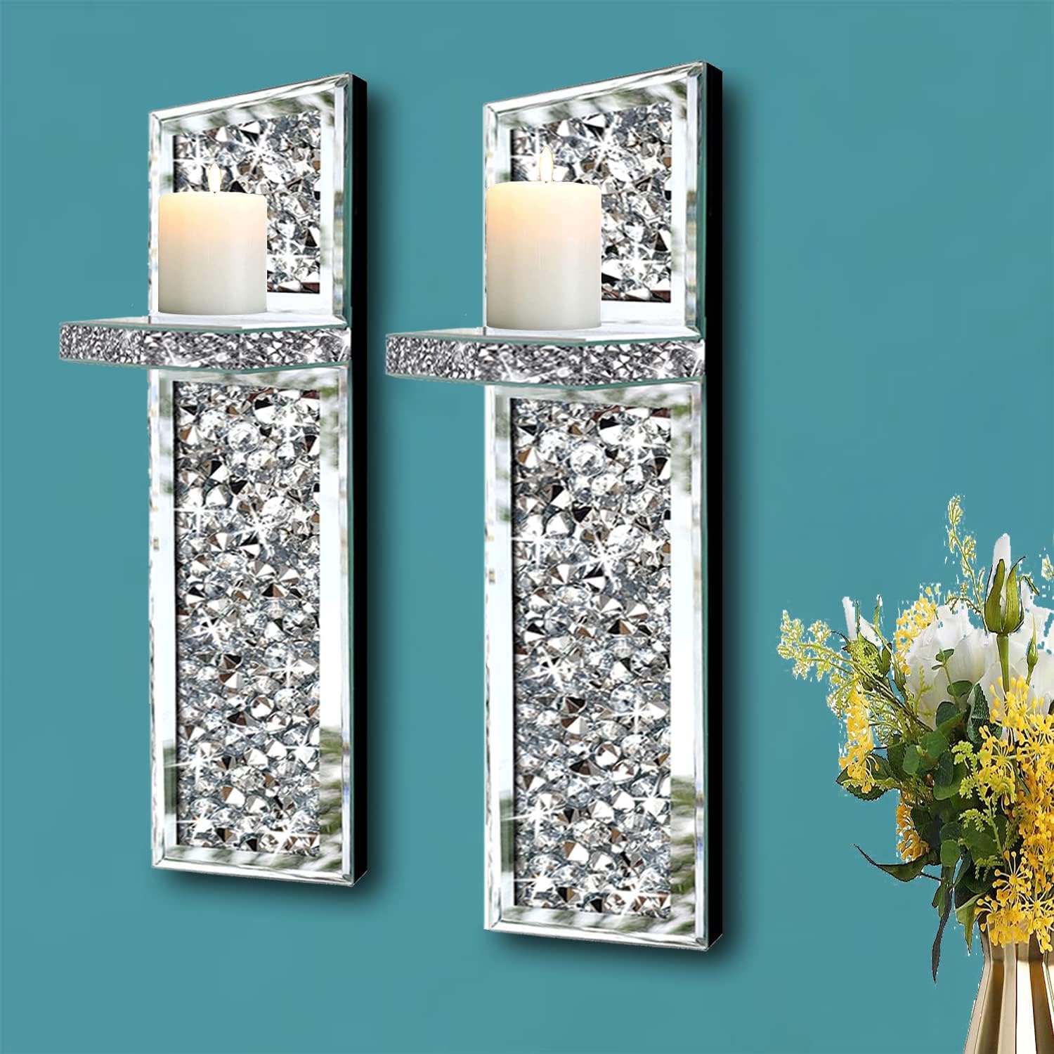 Mirrored Silver Candle Sconce with Crystal Decorations