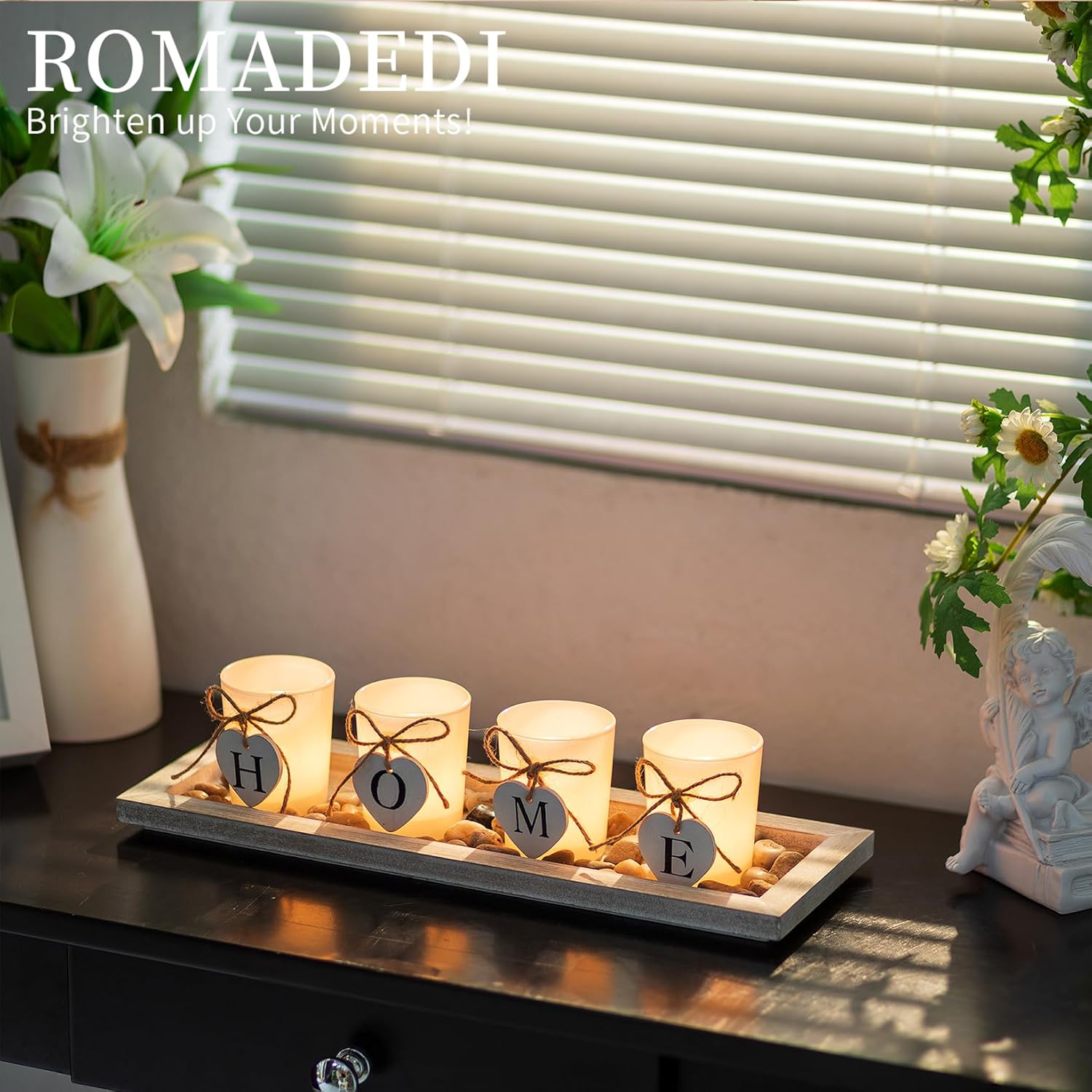Romadedi Farmhouse Rustic Wood Tray Candle Holder Set
