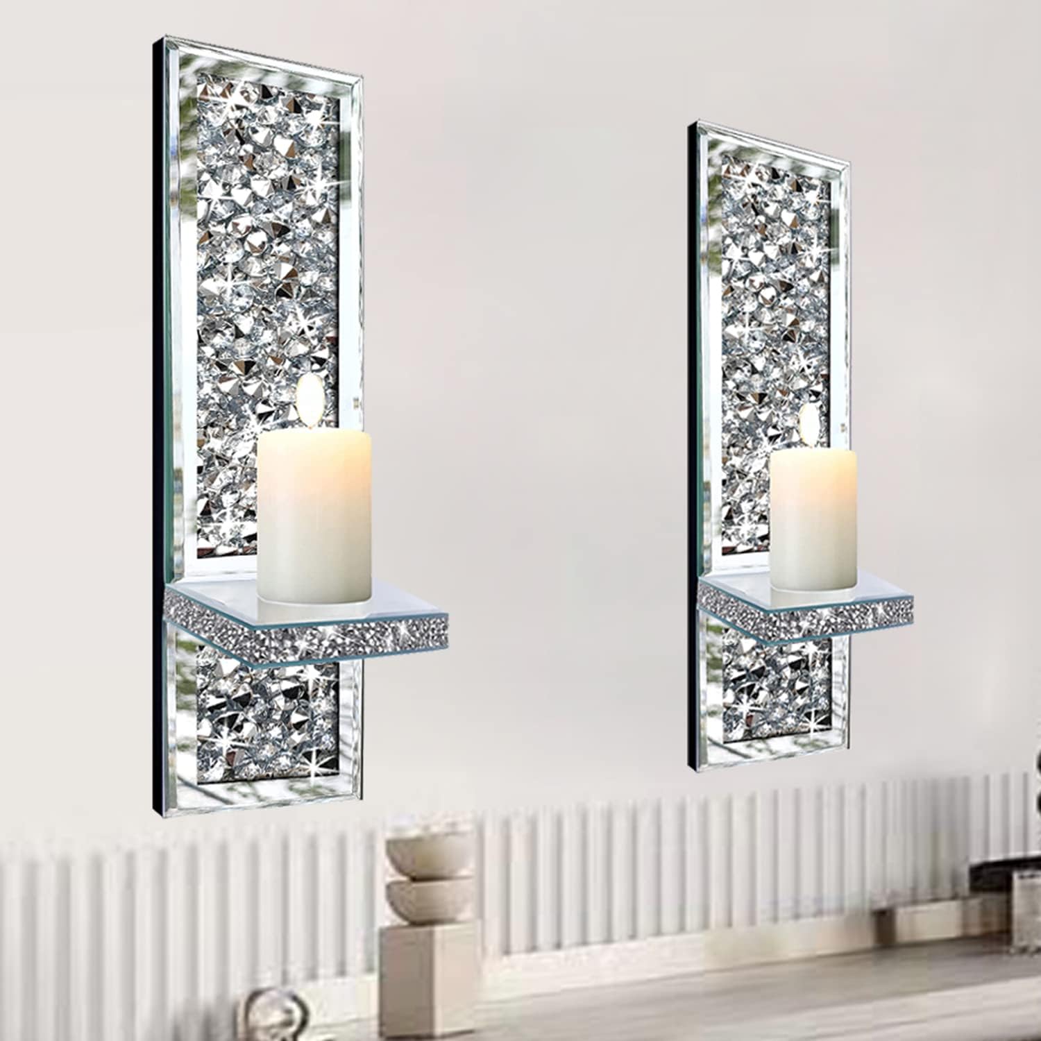 Mirrored Silver Candle Sconce with Crystal Decorations