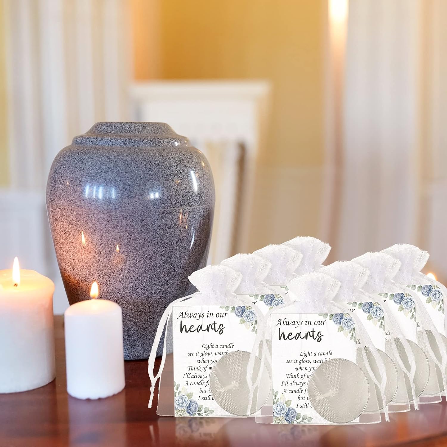 50 Set funeral party favors memorial white tea lights cards