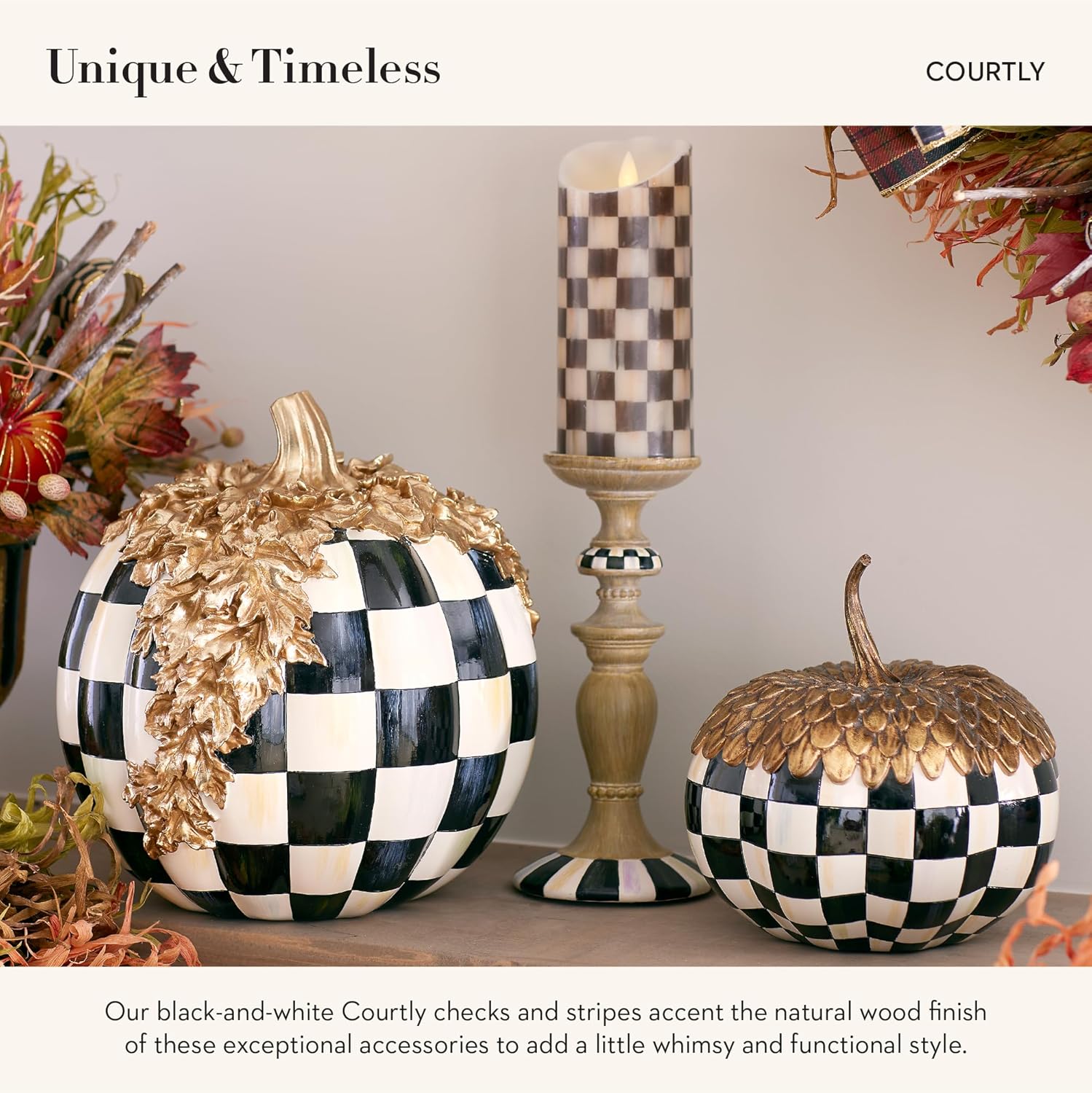 Mackenzie-Childs Pillar Candle Holder Set - Elegant Black-and-White Courtly Check Stripe