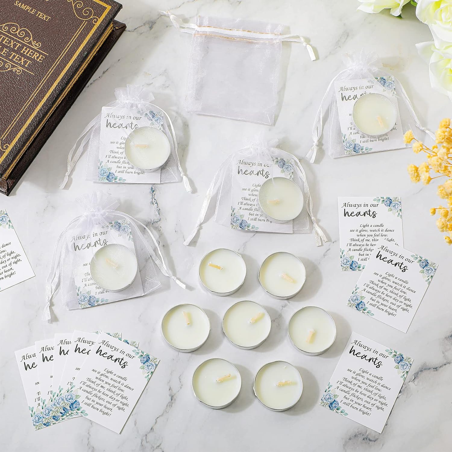 50 Set funeral party favors memorial white tea lights cards