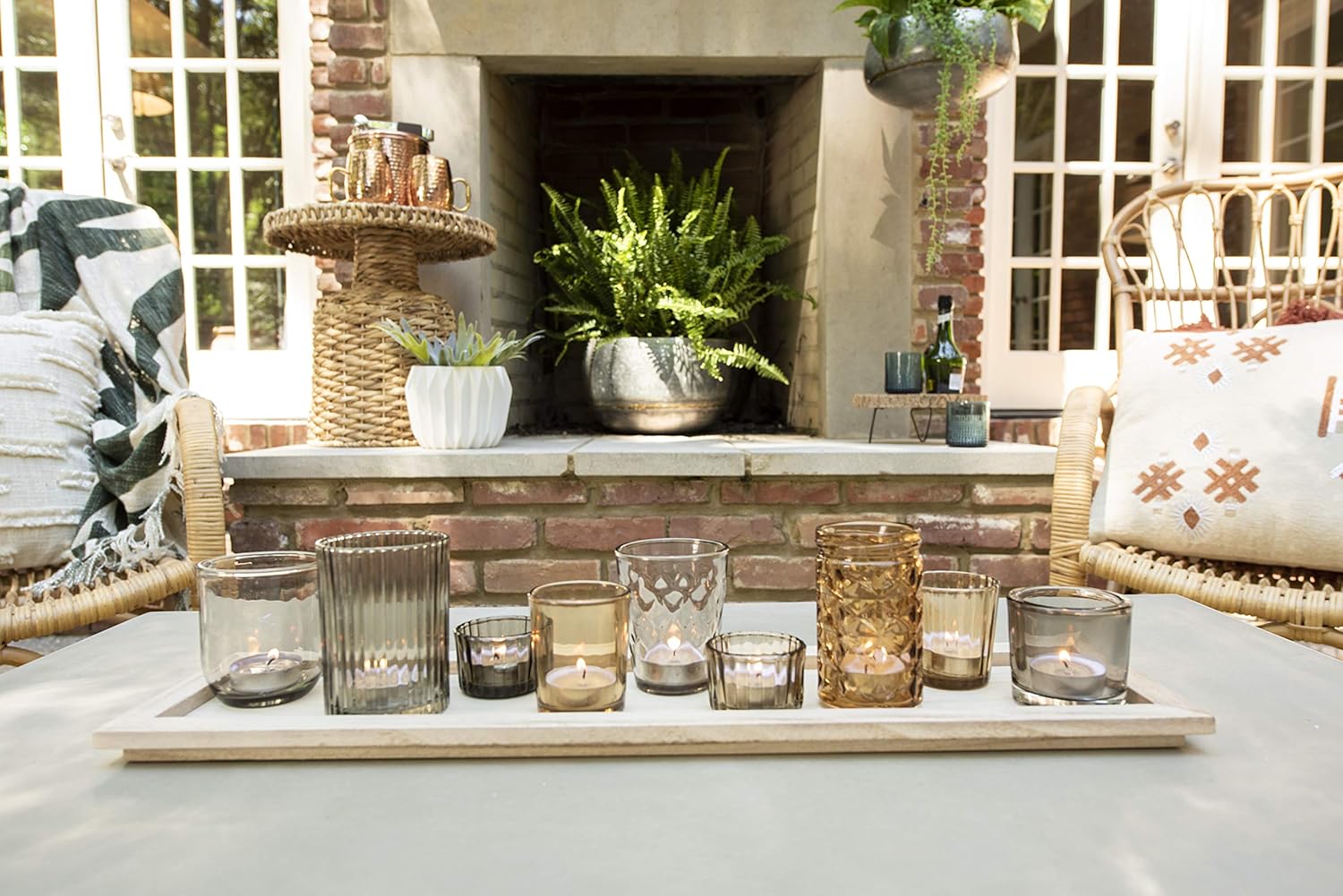 Wood Tray with 9 Brown Glass Votive Holders