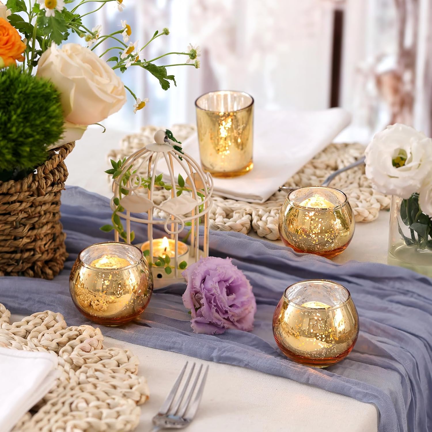 Set of 12 Gold Mercury Votive Candle Holders