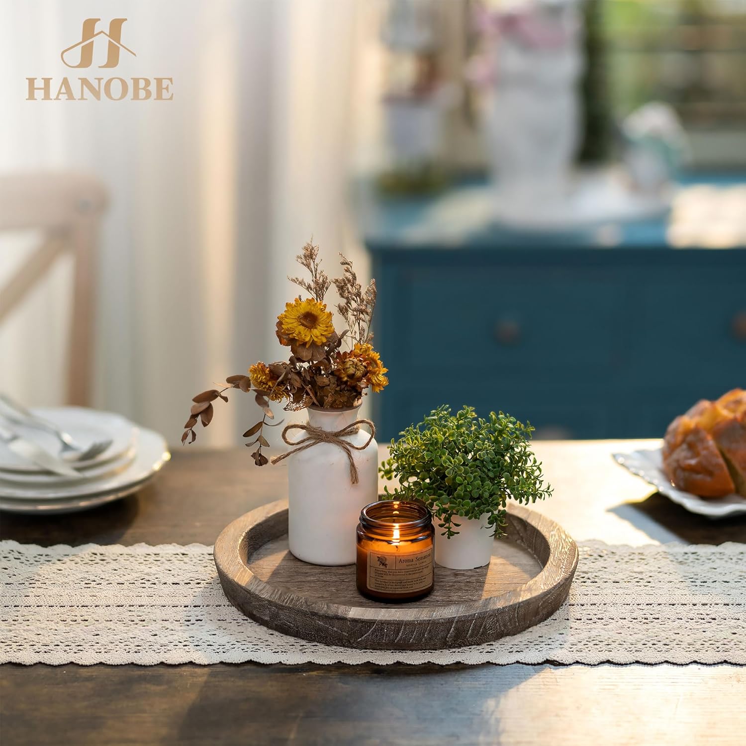 Hanobe Candle Plate Rustic Wooden Table Centerpiece