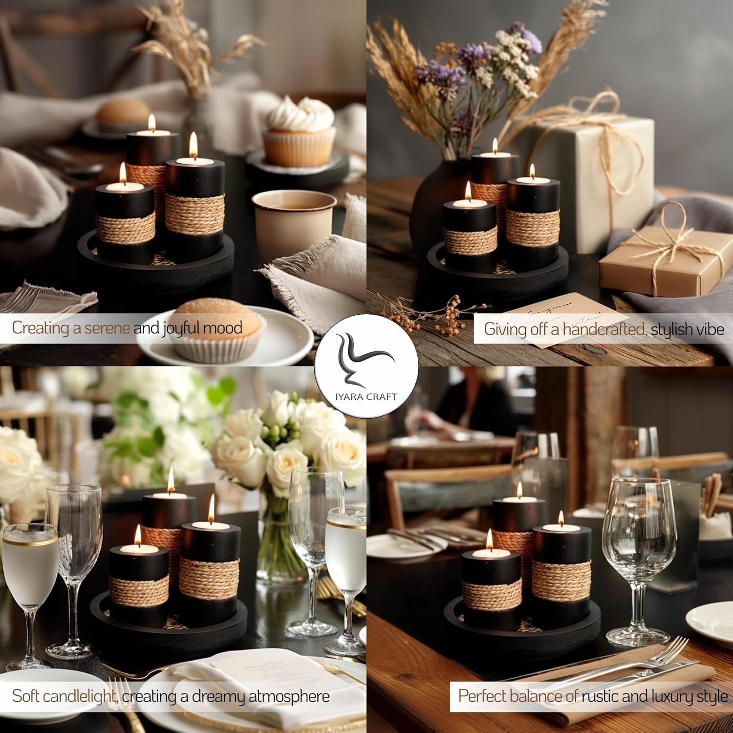 Elegant Tealight Candle Holder Set - Rustic Black Wooden with Handmade Rope Accents