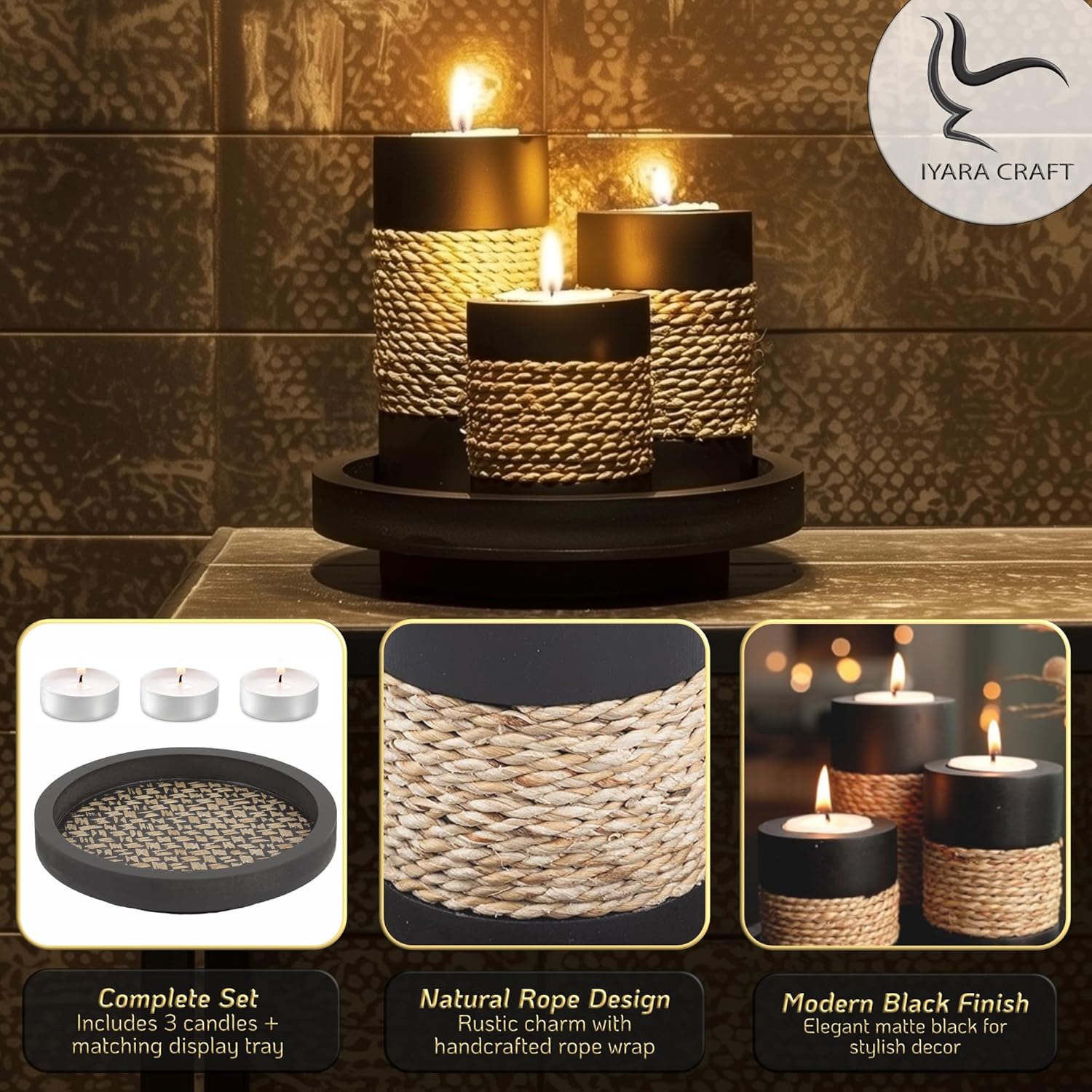 Elegant Tealight Candle Holder Set - Rustic Black Wooden with Handmade Rope Accents