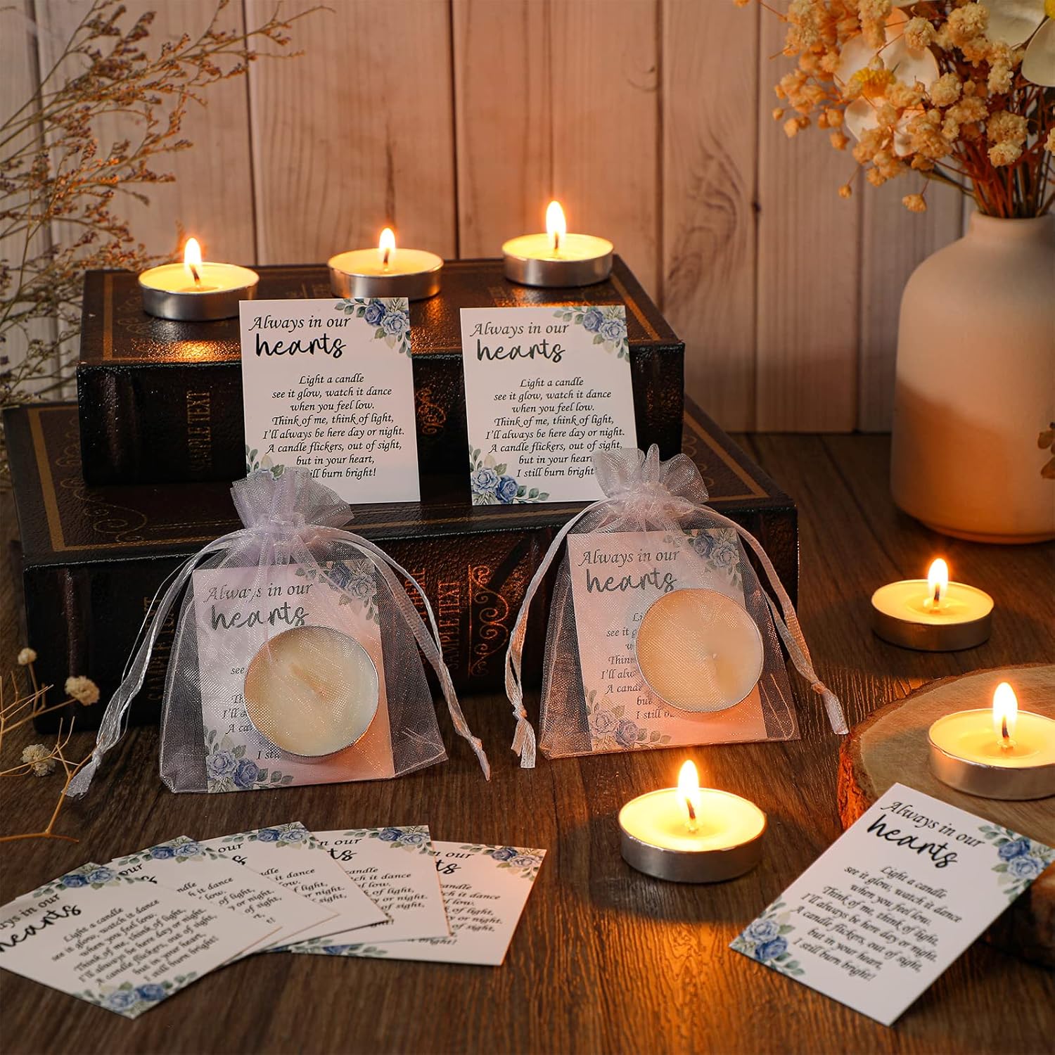 50 Set funeral party favors memorial white tea lights cards