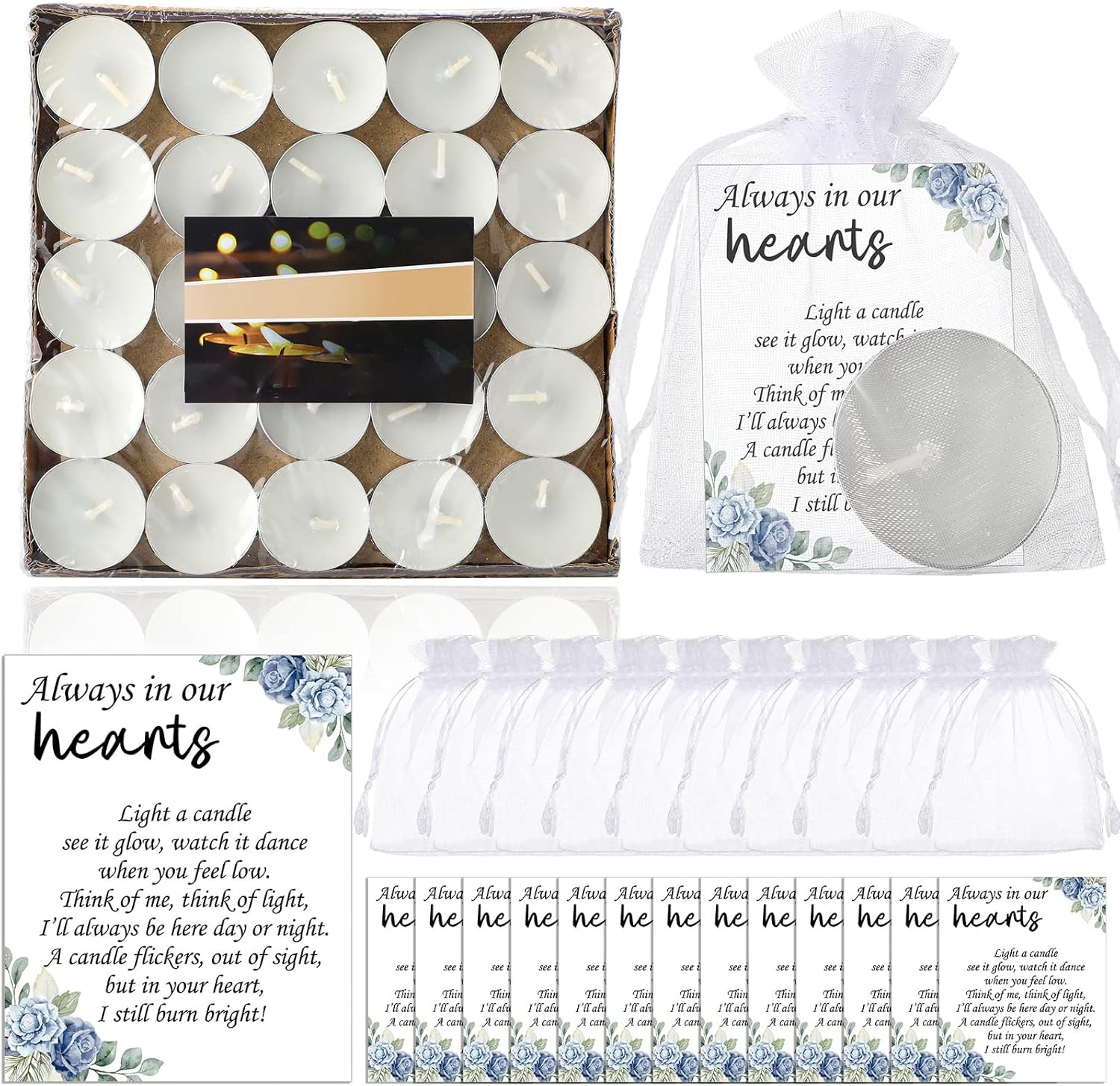 50 Set funeral party favors memorial white tea lights cards