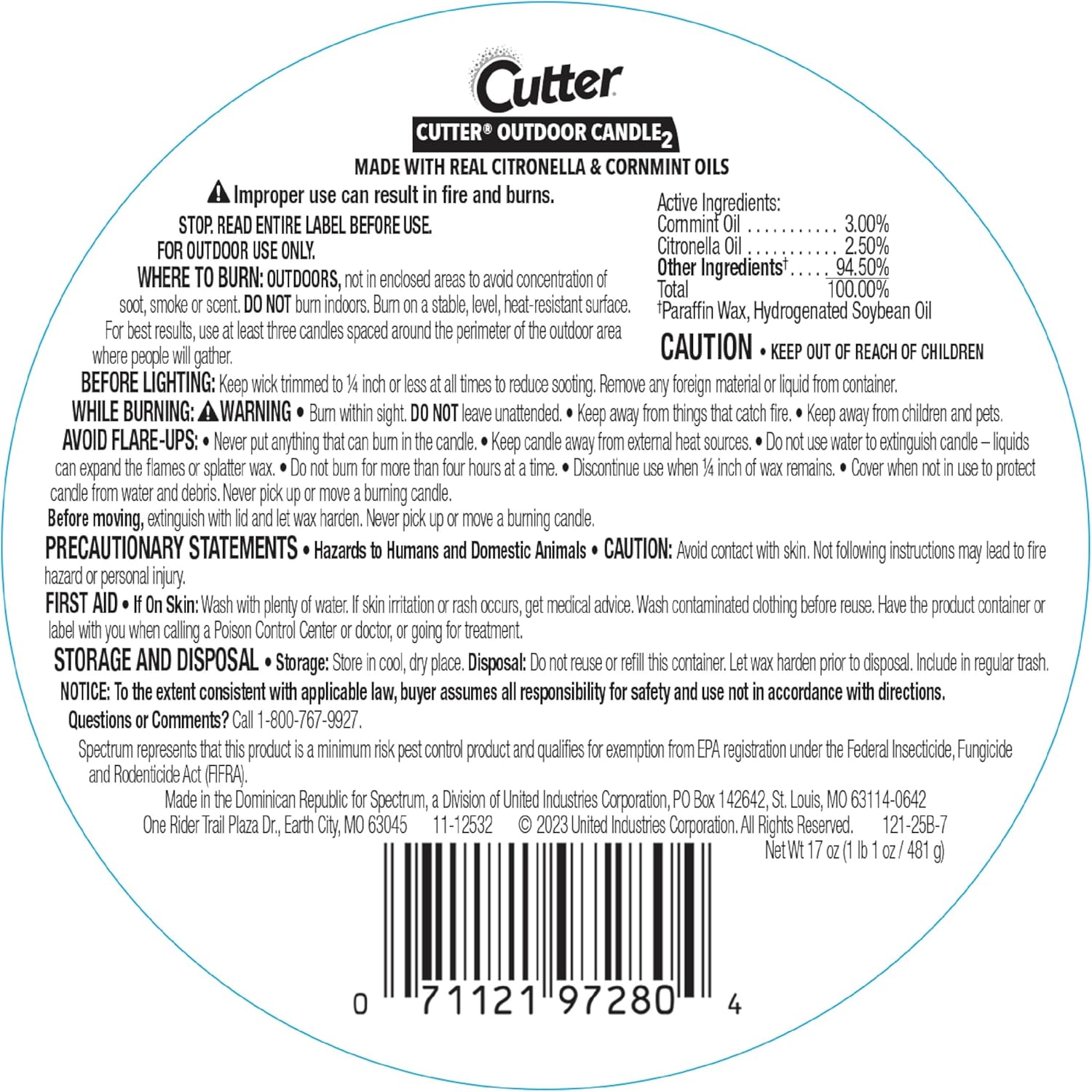 Cutter Candle Outdoor Citronella Mint Oils mosquitoes repel 17 oz jar