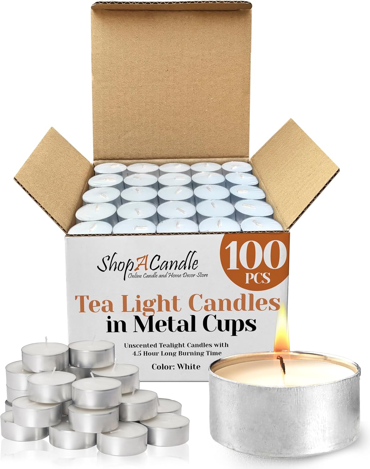 100 Pk White Unscented Tealight Candles Metal Cups