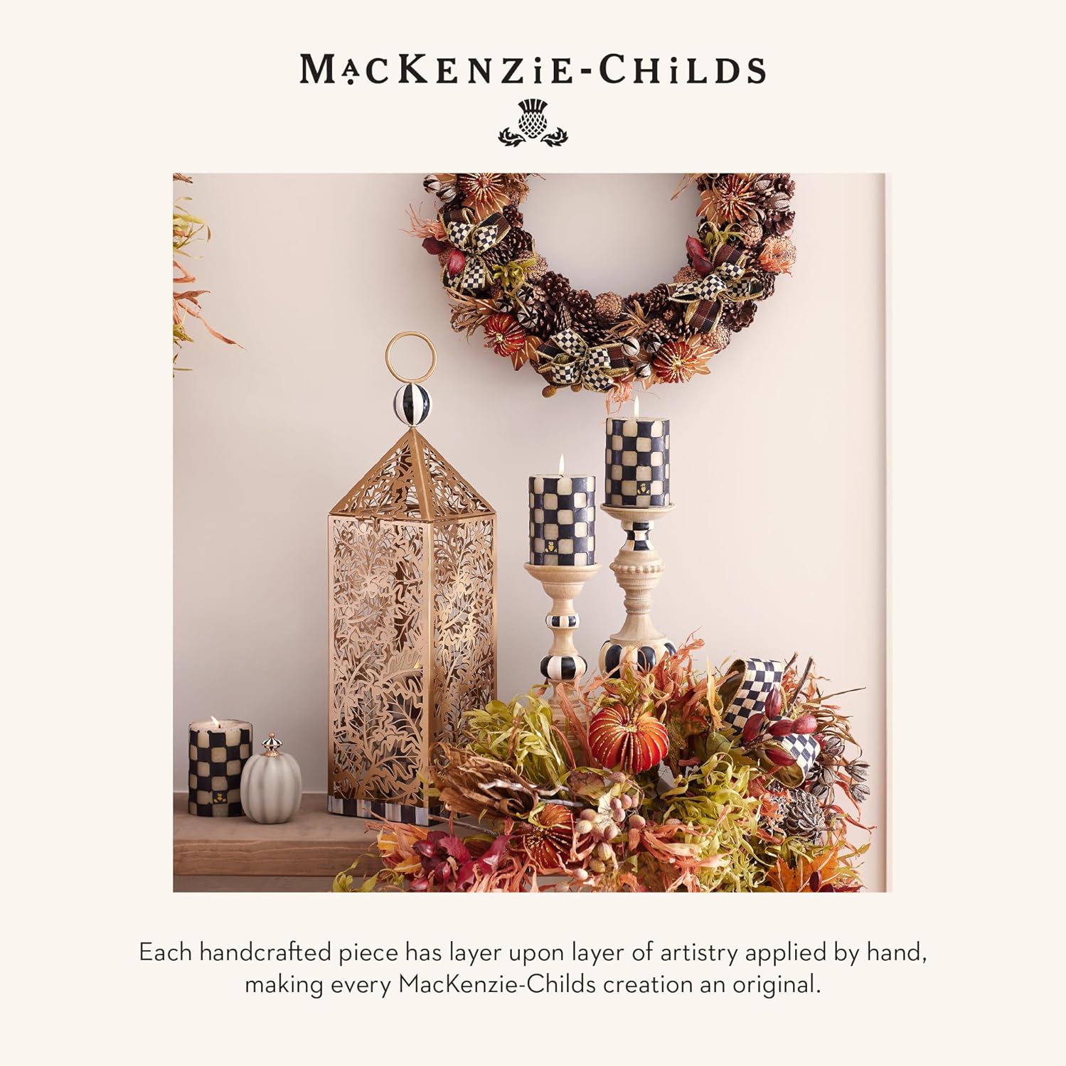 Mackenzie-Childs Pillar Candle Holder Set - Elegant Black-and-White Courtly Check Stripe