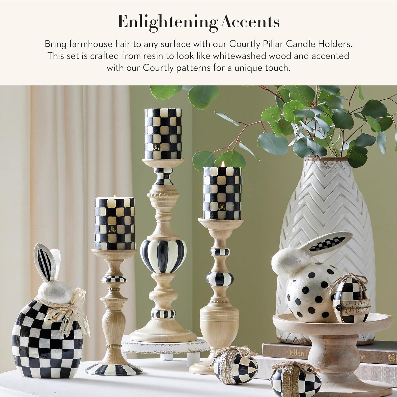 Mackenzie-Childs Pillar Candle Holder Set - Elegant Black-and-White Courtly Check Stripe