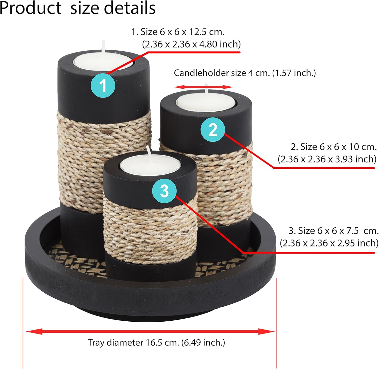 Elegant Tealight Candle Holder Set - Rustic Black Wooden with Handmade Rope Accents