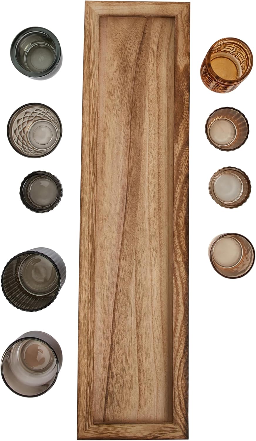 Wood Tray with 9 Brown Glass Votive Holders