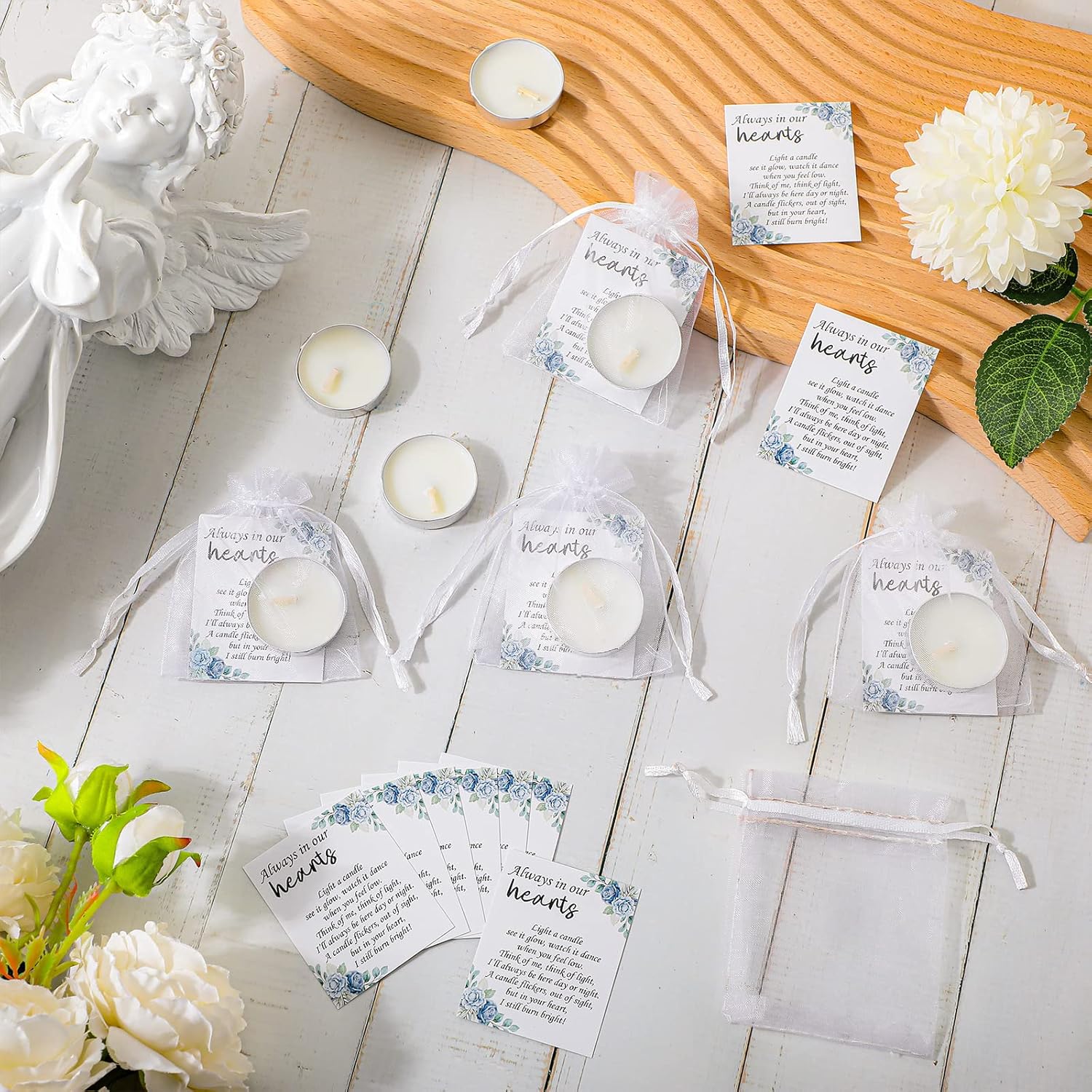 50 Set funeral party favors memorial white tea lights cards