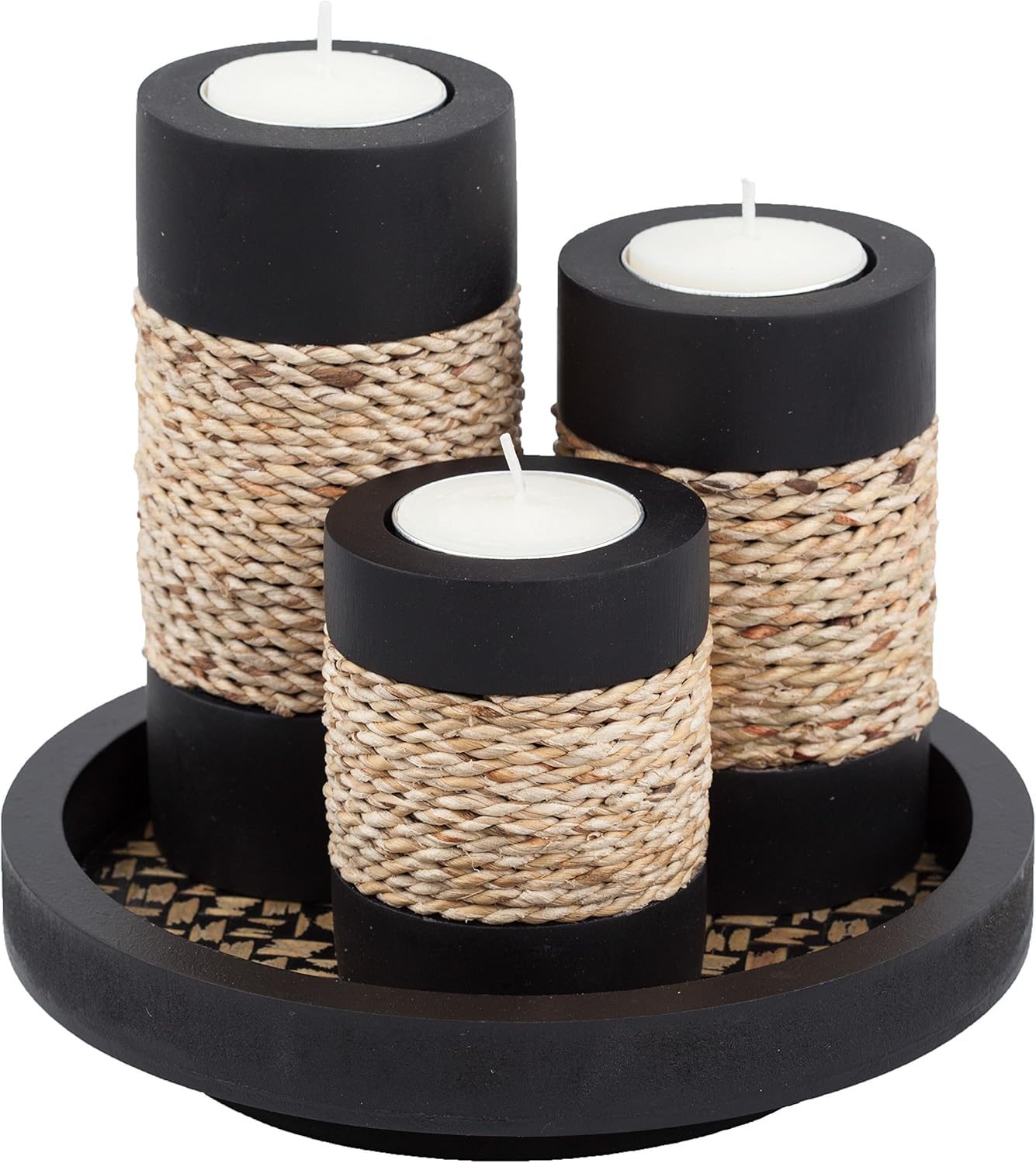 Elegant Tealight Candle Holder Set - Rustic Black Wooden with Handmade Rope Accents
