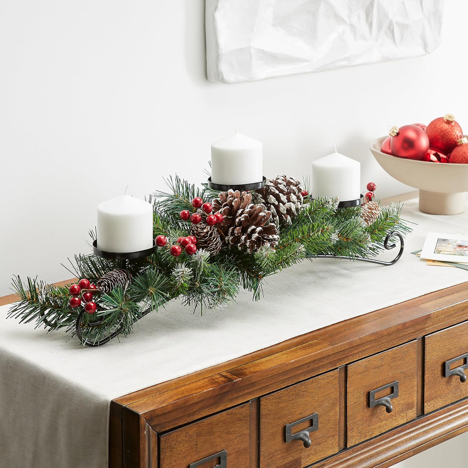 National Tree Company Artificial Christmas Centerpiece with 3 Candle Holders