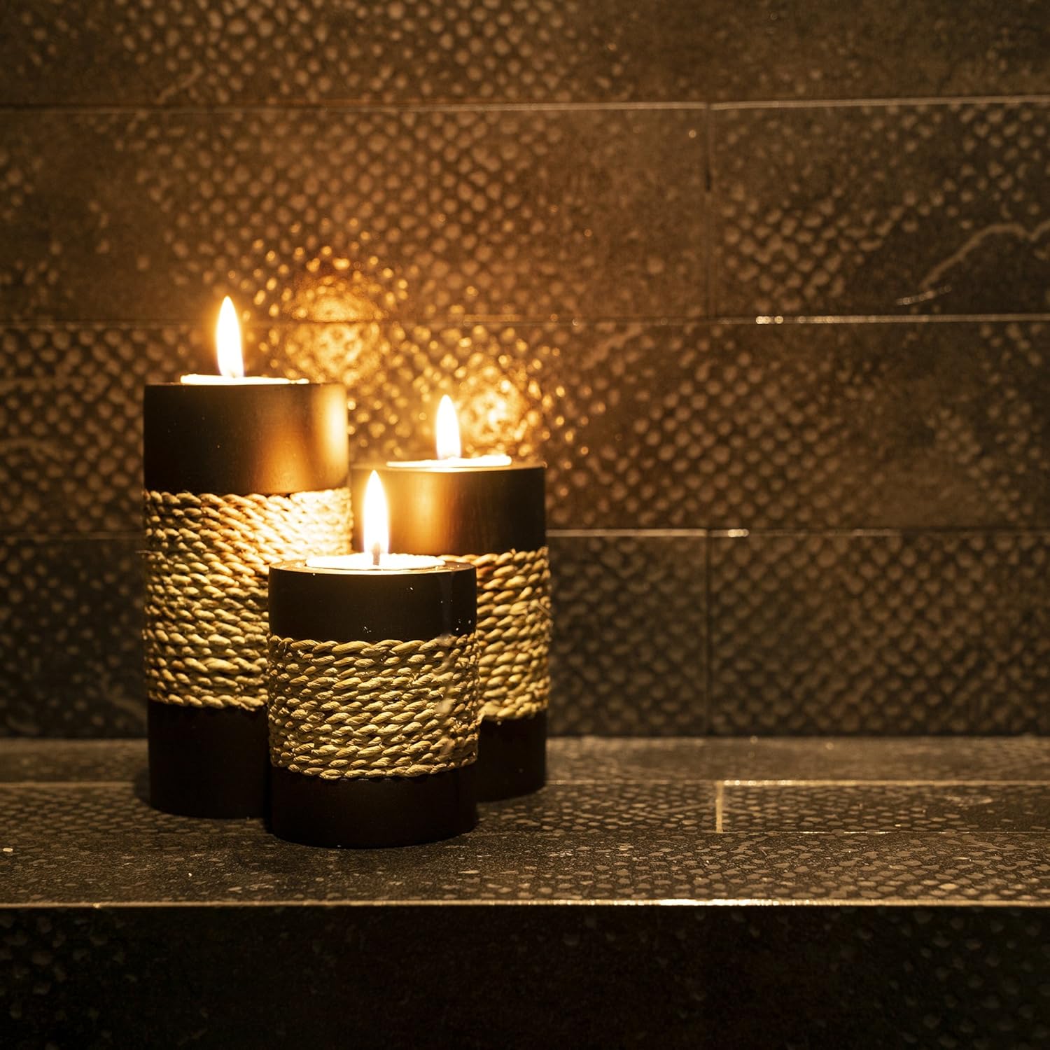 Elegant Tealight Candle Holder Set - Rustic Black Wooden with Handmade Rope Accents
